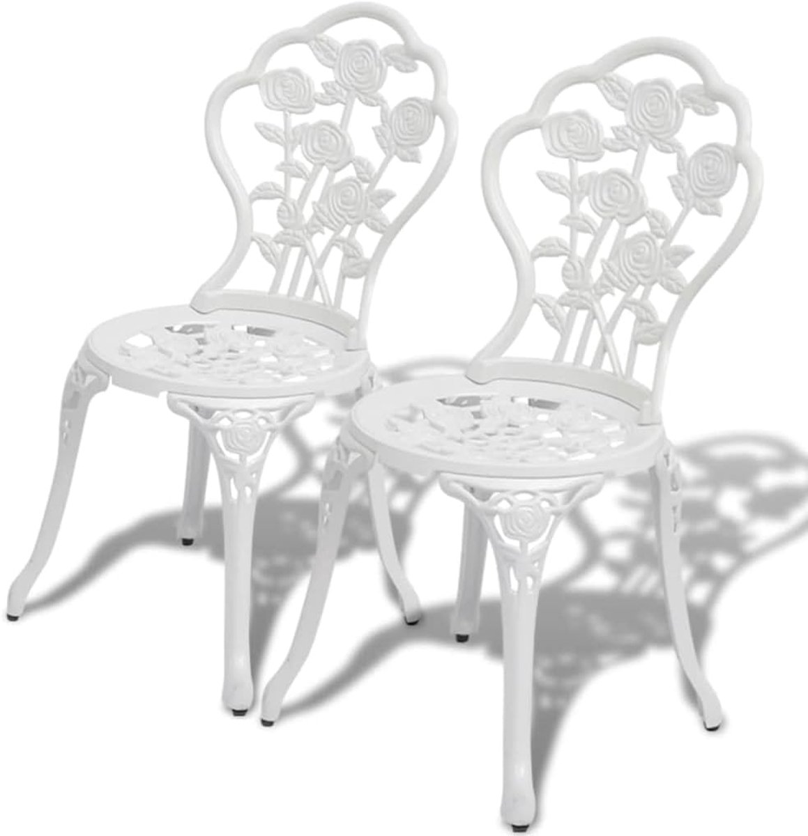 Bistrostoel van gegoten aluminium in wit, met gietijzeren poten en bloemenmotief, voor tuin, terras of balkon, draagkracht 110 kg