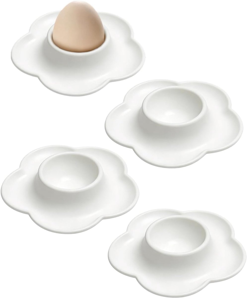 Set van 4 witte eierdopjes, onbreekbaar, stapelbaar en geschikt voor levensmiddelen, eierhouders voor ontbijt, eettafel, camping en Pasen
