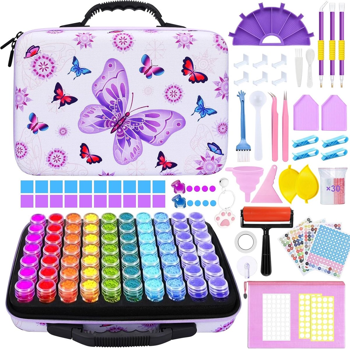 5D Diamond Painting Accessoires Dozen,70 Stuks Diamond Painting Opbergdoos,Accessoiredozen,Met Koffer,Trechter,Stickers,Voor Diamant Schilderij Kralen,Sieraden,Juwelen