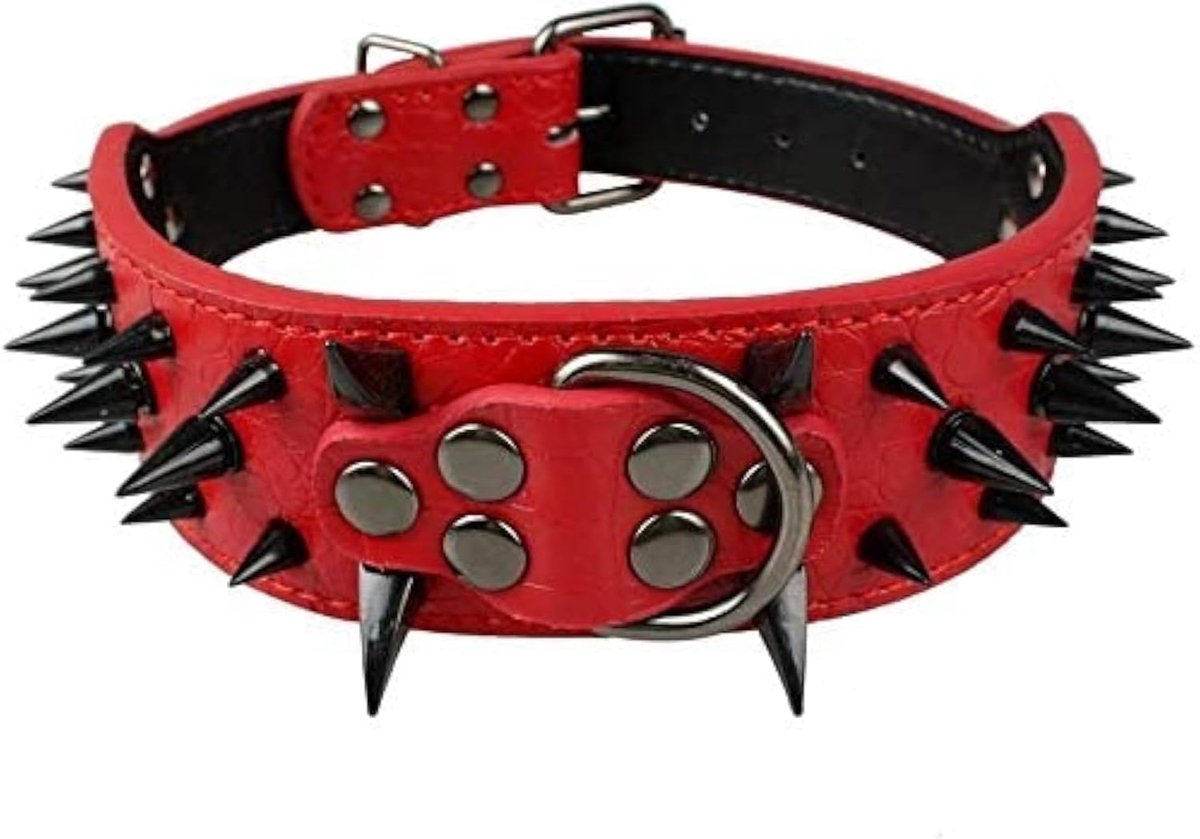 Hondenhalsband Zwart Scherpe Spits Gespekte Luxe Gewatteerde Leren Halsbanden voor Middelgrote Grote Honden - 2 Inch Breedte Ketting Anti-Bijten (M, Rood-Zwart)