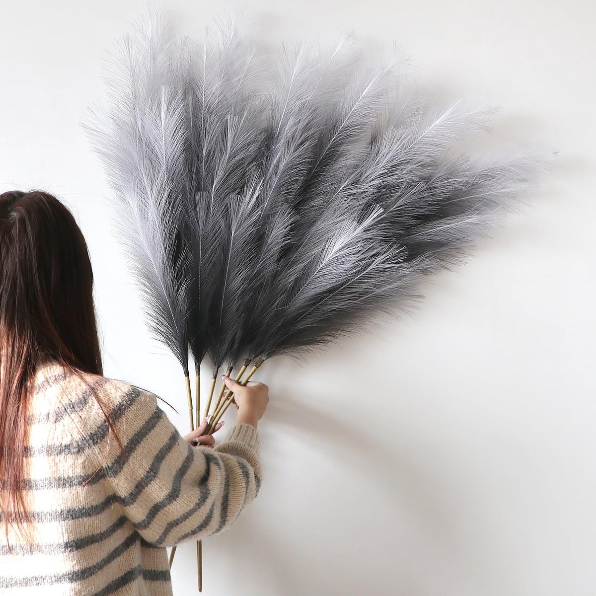 SnelShoppen - YiYa Zwarte Kunstpampasgras Decoratie 113 cm Lang Fluffy Kunstplanten 6 Stuks voor Vloervazen Boho Interieur Decoratie Kantoor