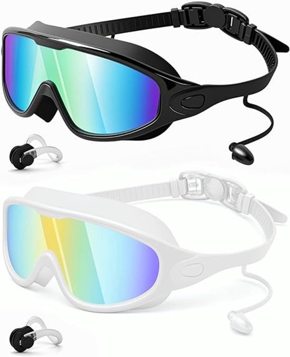 Zwembril volwassenen - 2 stuks, breed zicht, anti-fog, UV-bescherming en verstelbare band, geschikt voor zwembadtraining en recreatief zwemmen - wit/zwart