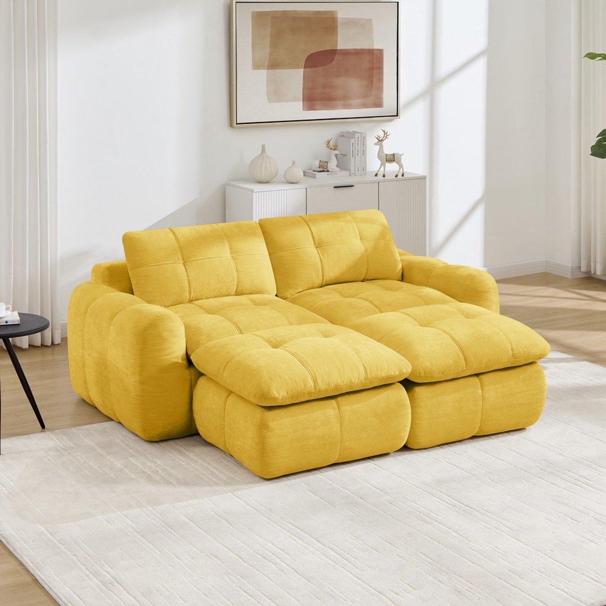 Pugsdrly 2-zits frameloze Wolken-modulair bankstel, ruitvormig stikpatroon, chenille-bekleding, brede en diepe zitvlakken, vrij te combineren, montagevrij met 2 voetenbankjes voor woonkamers en appartementen, geel