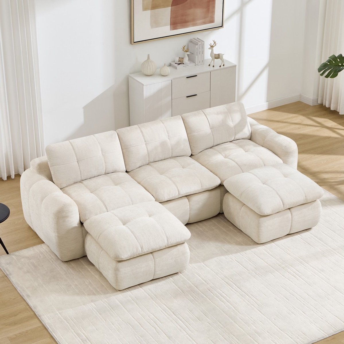 Pugsdrly 3-zits U-vormige frameloze modulaire bank, wolkzachte chenille-bekleding, 32D-schuim met hoge dichtheid, vrij combineerbaar, montagevrij met 2 voetenbankjes voor woonkamers en appartementen, beige