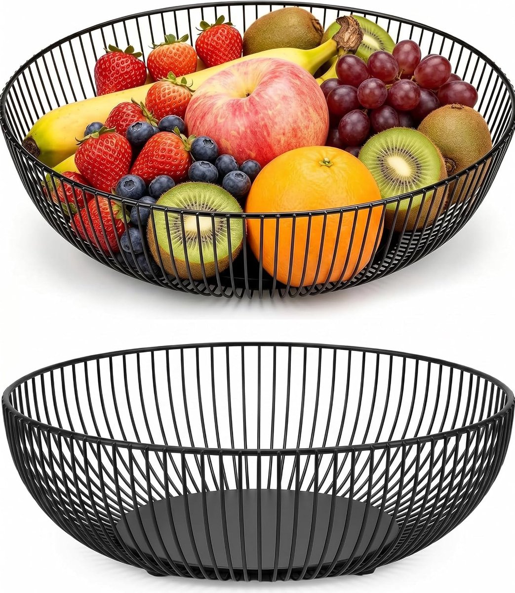 Fruitschaal, 2 stuks, broodmand, fruitmand van metaaldraad, moderne fruitschaal voor fruit, groenten, snacks, opslag (28 x 15,5 x 7,5 cm, zwart)