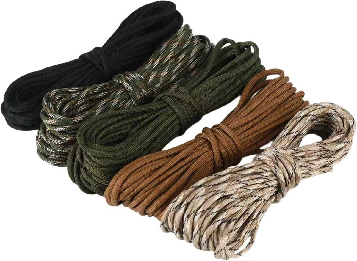 50 m 4 mm set - 5 stuks koorden en touwen met 7 kernstrengen, 100% nylon touw tot 250 kg, veelzijdige paracord-accessoires voor kamperen, survival, outdoor, hondenriem en