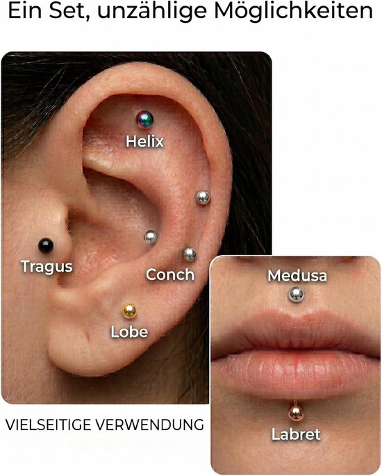 16G (1,2 mm) Labret Piercing Set Chirurgisch Staal - 4-10mm Korte Staven Flat Back Lip Piercing Tragus, Helix, Oor & Conch Plug - Zilver — afbeelding 3