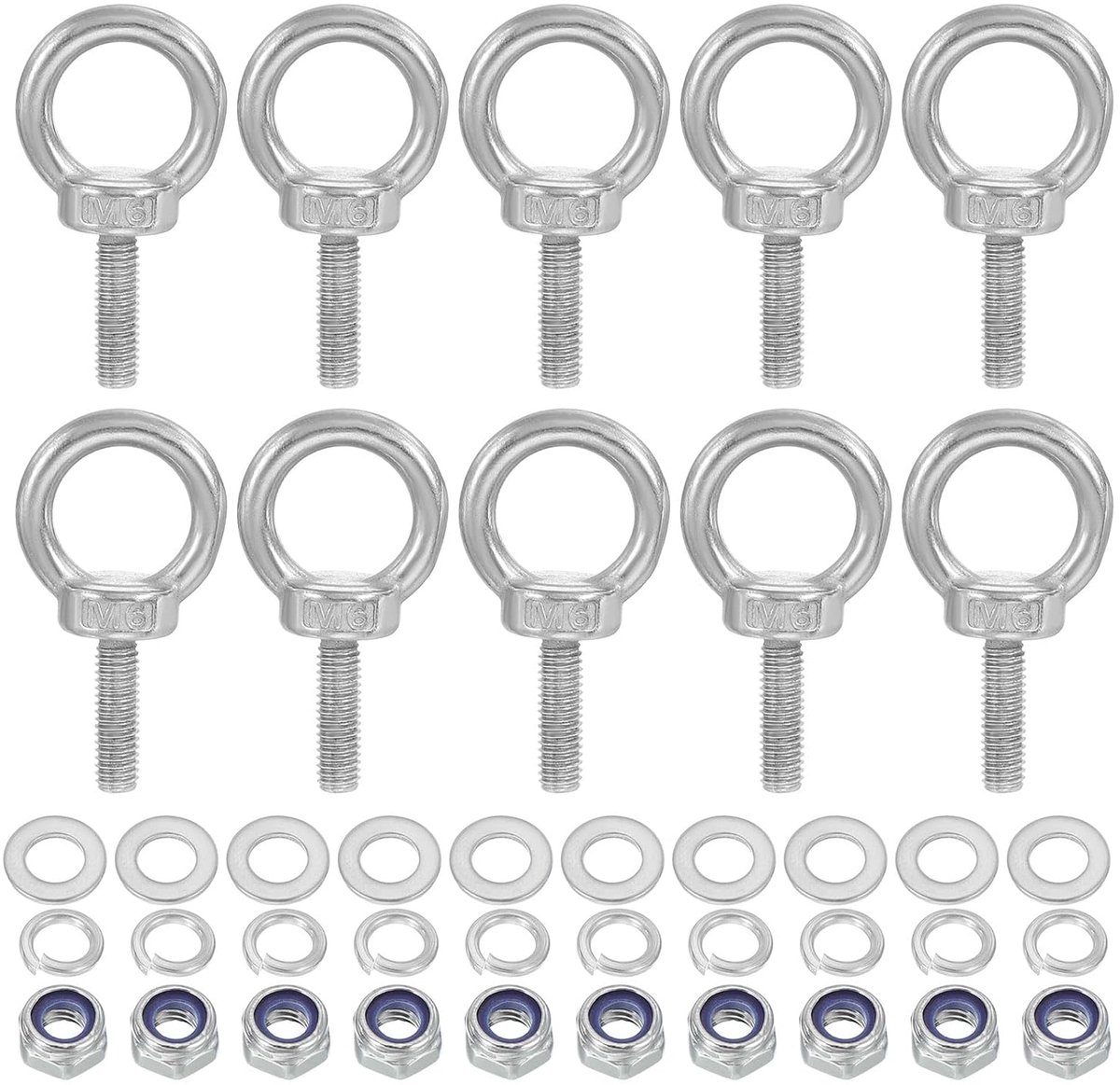 M6 x 20 mm oogbout met moer, 10 stuks 304 roestvrij staal oogbout hefschroeven voor ophangen, zilver