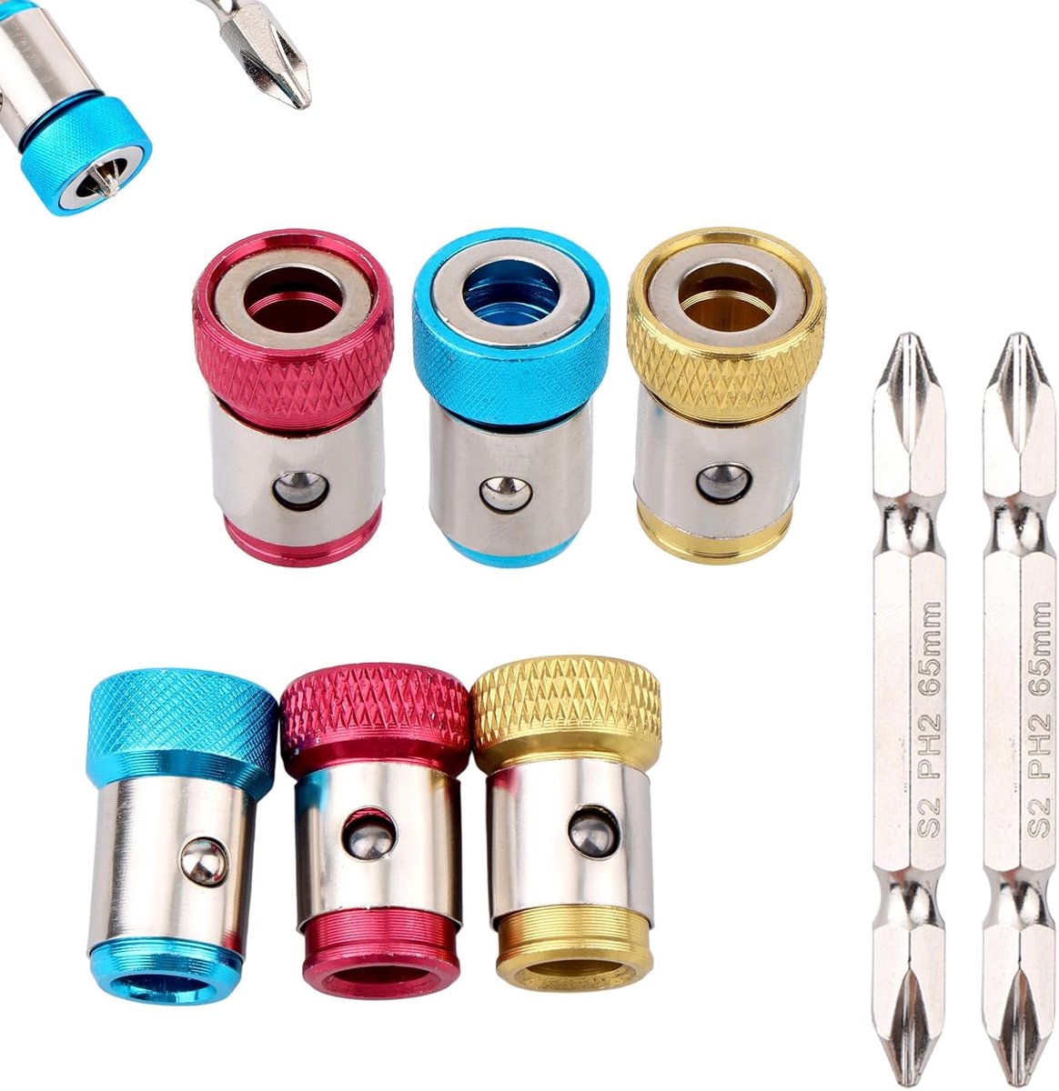 6 St Schroevendraaierkop Magnetische Ring met 2 St PH2-Bits, Magnetische Schroefhouder voor 6,35mm Schroevendraaierkop Verstelbare Verwijderbare Magnetiseerderring