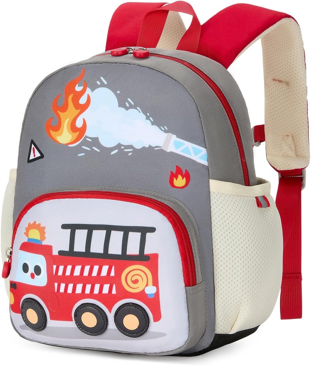Kinderrugzak met borstband en fluitje, kleuterschoolrugzak voor meisjes/jongens, 3D-dier, reflecterend, ademend, voor 3-7 jaar, 11 l, brandweerauto, 11L, Traditionele rugzak