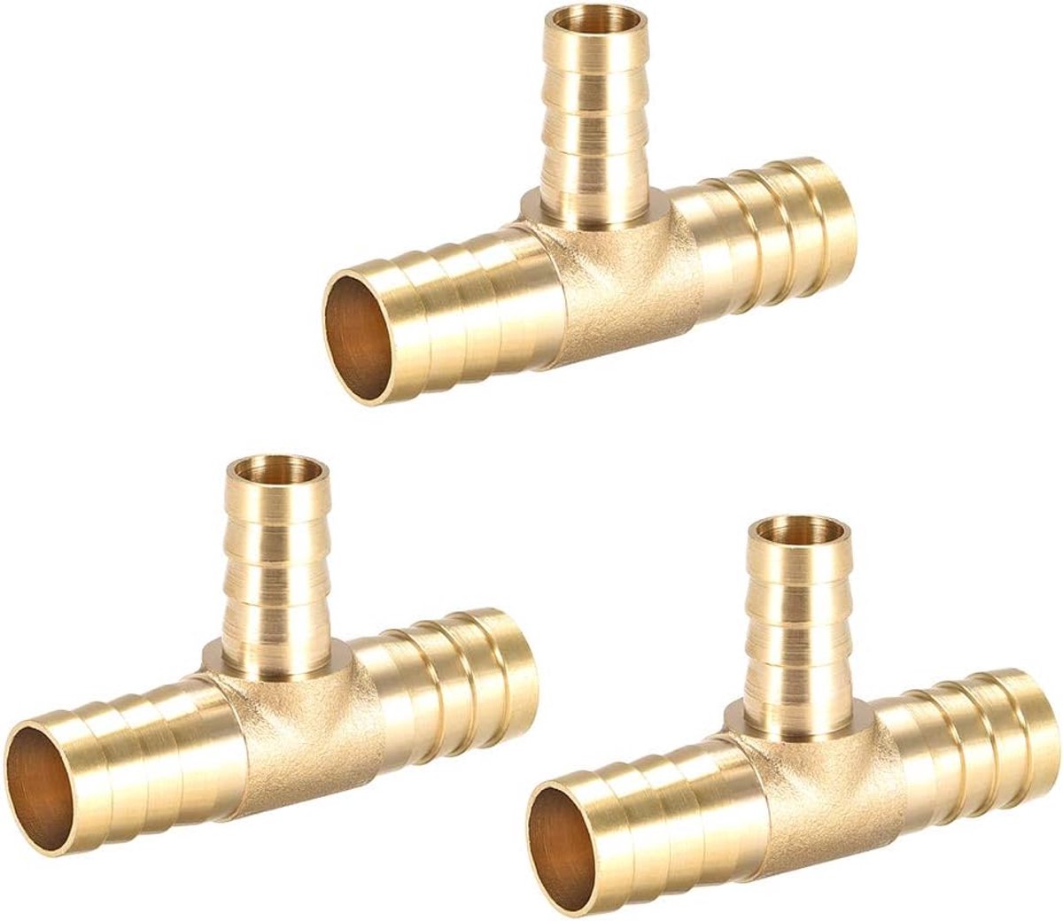sourcing map 12 mm x 16 mm x 12 mm fitting geribbeld slang messing verloopstuk met prikkeldraad T-vorm 3-weg prikkeldraad connector lucht water brandstof gas 3 stuks