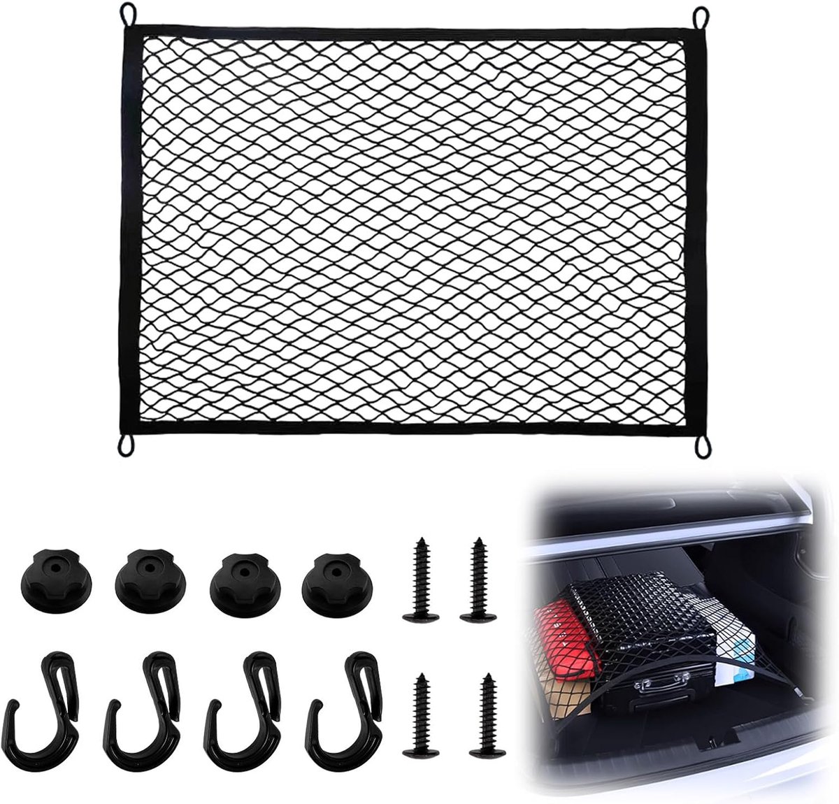bagagenet auto, 60 x 40 cm | Elastische nylon nettas, bagagenet voor camper met 4 haken voor de meeste voertuigmodellen