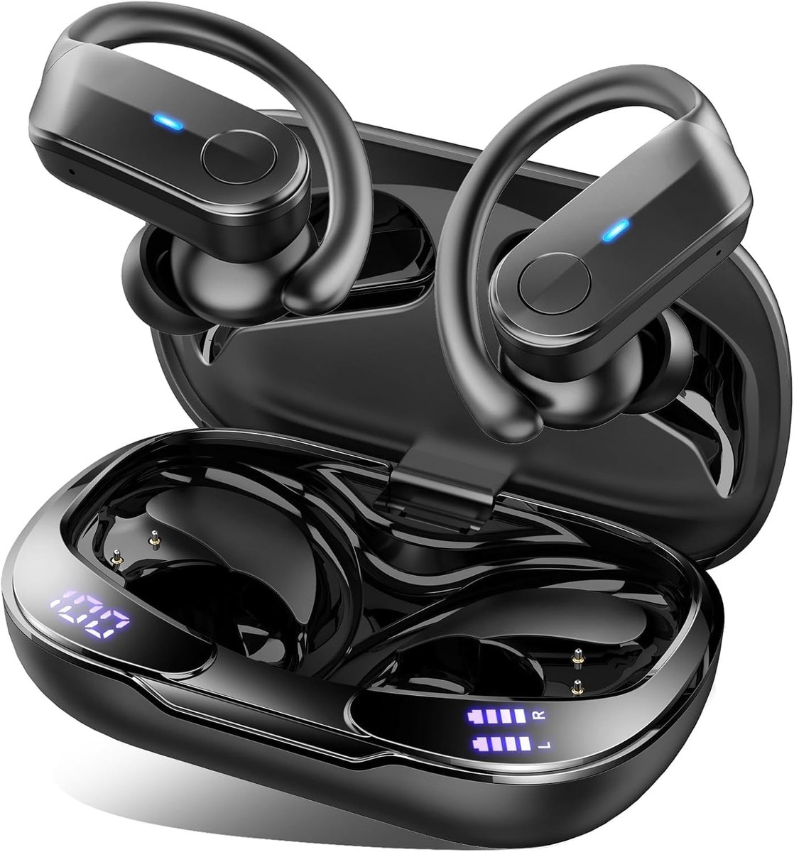 koptelefoon sport, 70 uur in-ear hoofdtelefoon, Bluetooth 5.4, hifi-stereo diepe bas, draadloze hoofdtelefoon met 4 ruisonderdrukkende microfoons, IPX8 waterdichte oordopjes met oorhaken