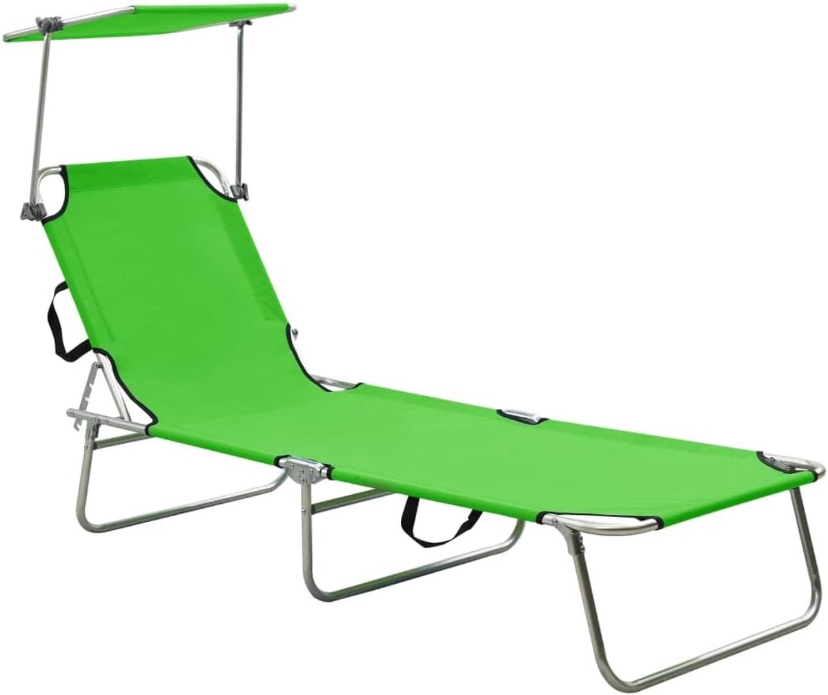 ligstoel met zonnedak, groen aluminium, verstelbare ligstoel voor tuin, terras, zwembad, strand, weerbestendig, met poedercoating, in hoogte verstelbaar