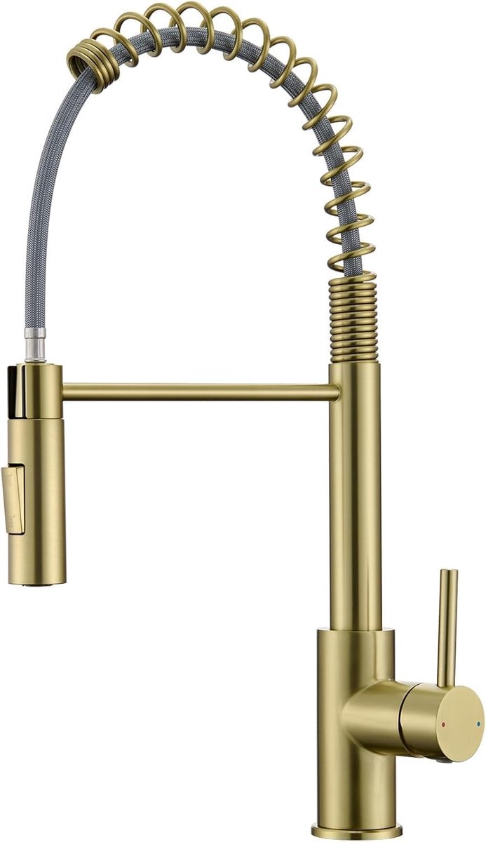 Kraan keuken hoge druk, keukenkraan met uittrekbare douche, mengkraan keuken twee sproeifuncties, hoge boog spoelbakarmatuur 360° rotatie, armatuur keuken goud geborsteld