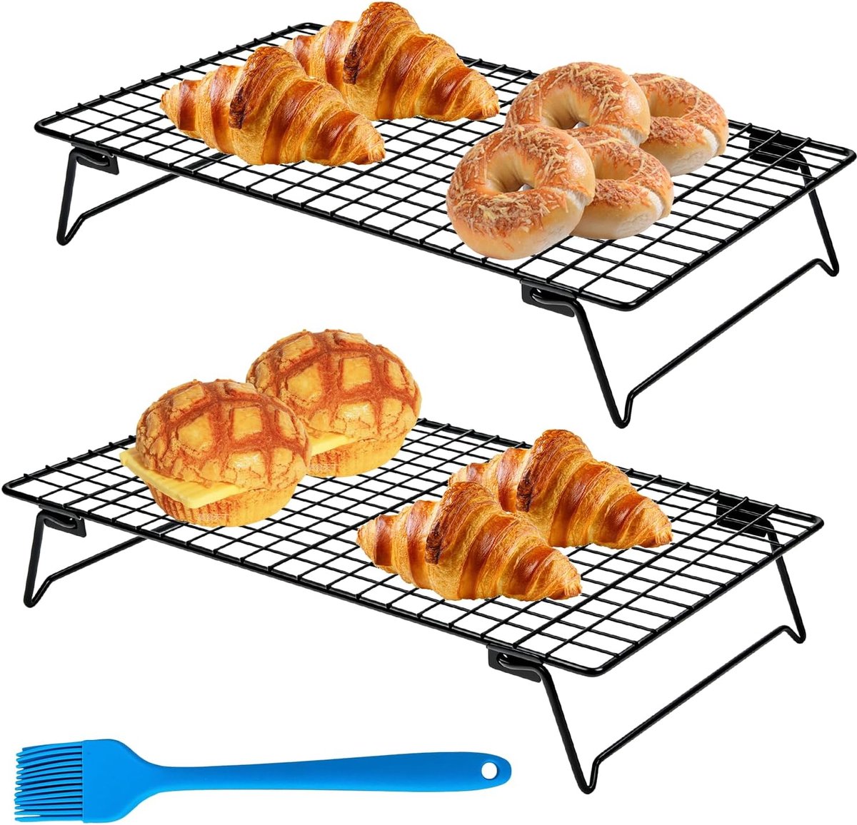 2 verdiepingen, rechthoekig, 34 x 24 cm, met siliconen borstel, stapelbaar, koelrooster, inklapbaar, antiaanbaklaag, ruimtebesparend, koelrek voor cake, koekjes, muffins
