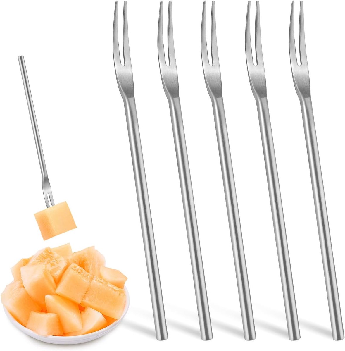 5 stuks 6,3 inch roestvrijstalen fruitvorken, 2-tand lange vorken om te eten, ronde stevige handgreep augurkenplukkers grijpgereedschap voor pot dessert voorgerecht cocktail olijven groenten, zilver