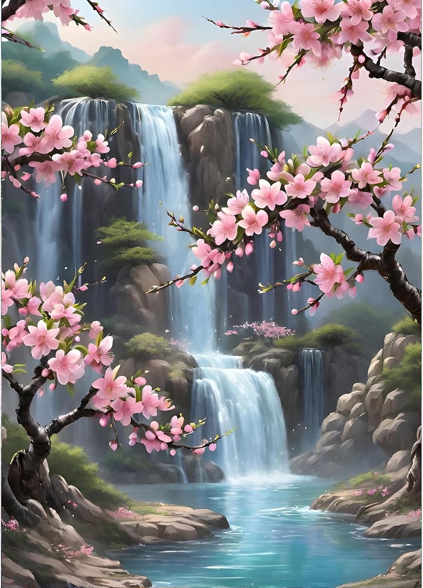 5D Waterval Diamant Schilderij, DIY Perzikbloesem Diamant Kunst Schilderij Kits, Bloemen Diamant Schilderij Set voor Volwassenen Beginners, Diamant Schilderij Kunst per Nummers voor