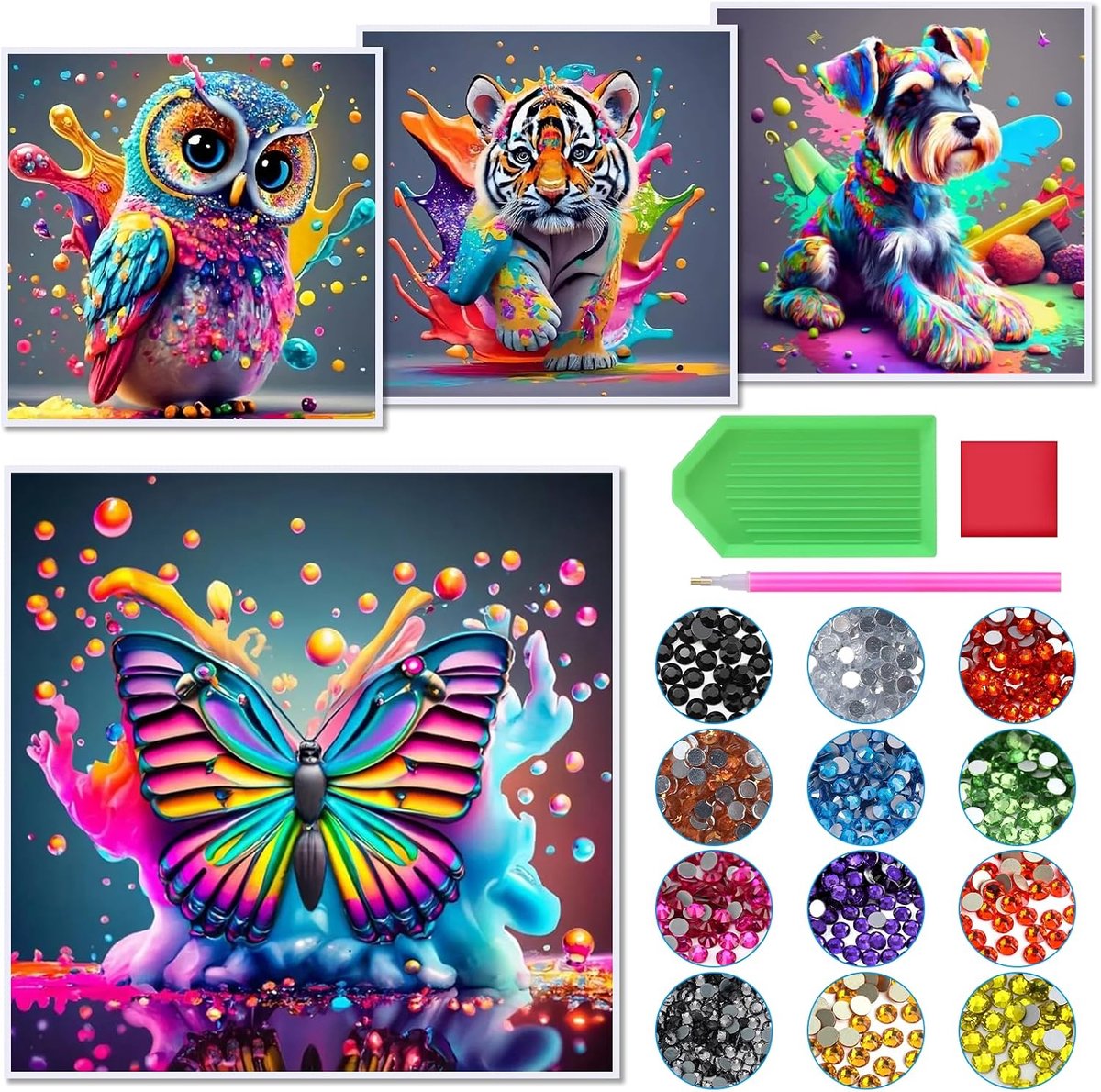 Set van 4 diamantschilderijen, diamantschilderijen, dieren, diamond painting set, doe-het-zelf diamantschilderij, mozaïekproductie voor woonkamer, kantoor, slaapkamer, muur, woondecoratie, 15