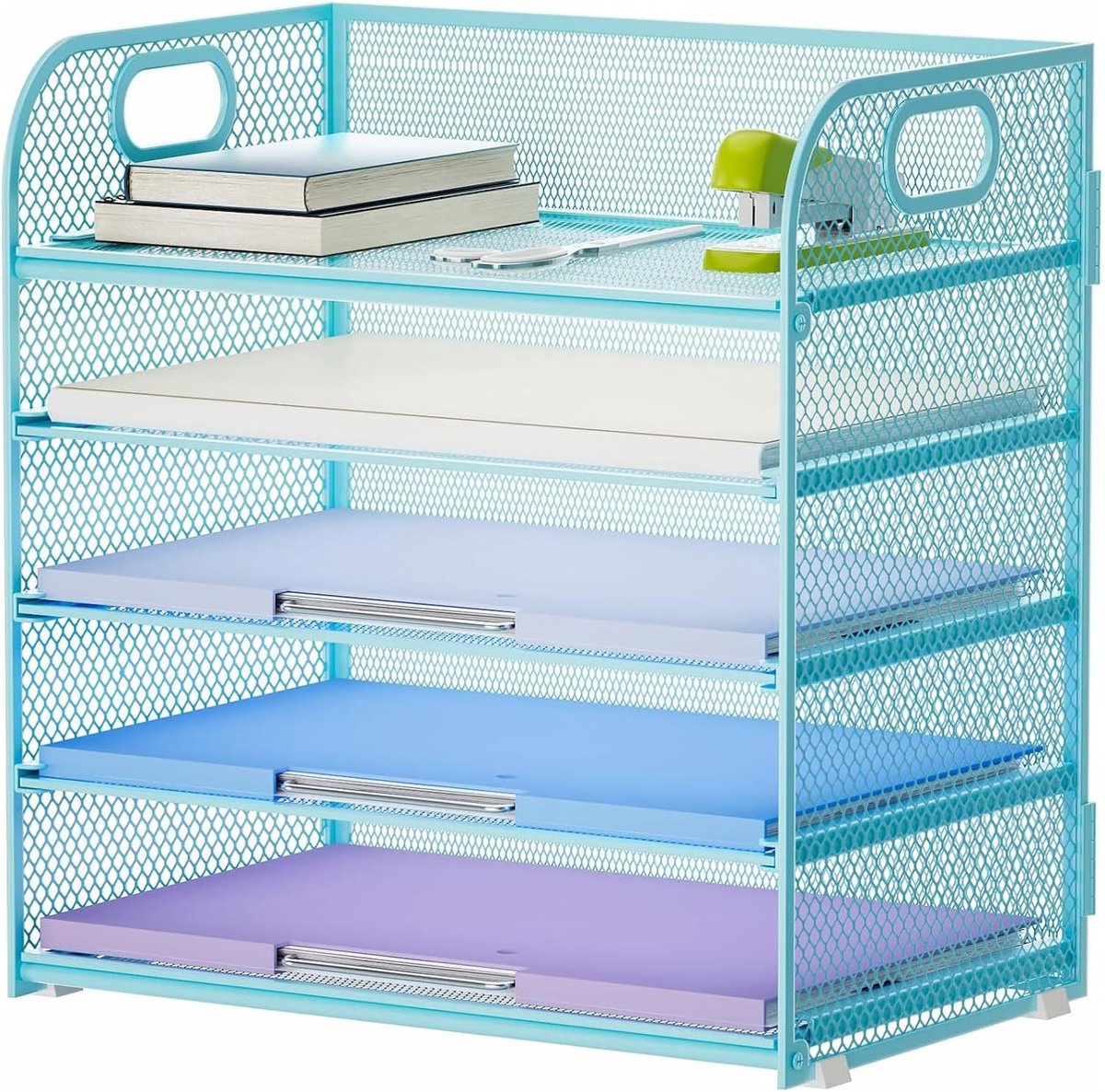 5 Tier Desk Organiser, Gaasgaas Brievenbakje met Handvat, Bureau Map Organiser, Paper File Document Sorter Holder, Office Filing Storage Rack voor Thuiskantoor School (Blauw)