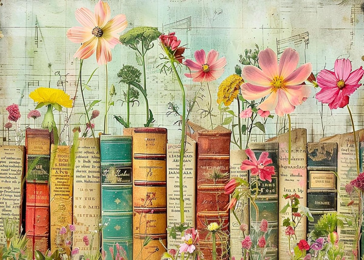 Diamond Painting Bloemen Volwassenen 5D, Diamond Painting met boekenmotief en bloemen, Diamond Painting afbeeldingen met ronde stenen, DIY Diamond Art Set voor volwassenen, wanddecoratie
