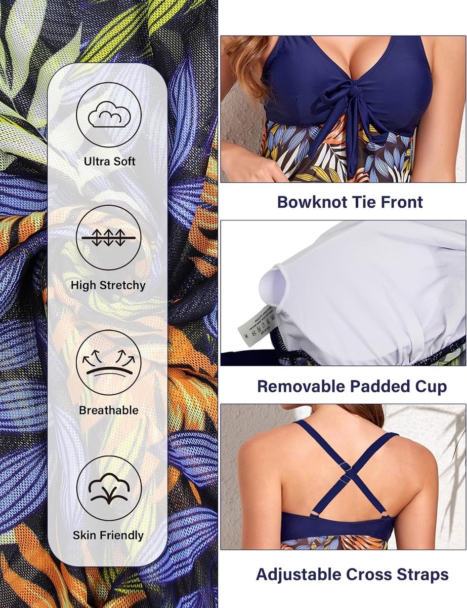 Tankini voor dames, tweedelig, sexy badpak, V-hals, trekkoord, push-up, gevoerd, badpak, bloemenprint, met shorts