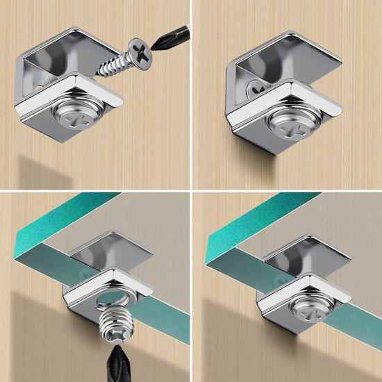 18 stuks glazen plankdragers, vierkante verdikte glashouders, verstelbare glasklemmen, zinklegering, glazen clip voor 3-8 mm dik glas, voor badkamer, woonkamer, open plaatsen — afbeelding 5