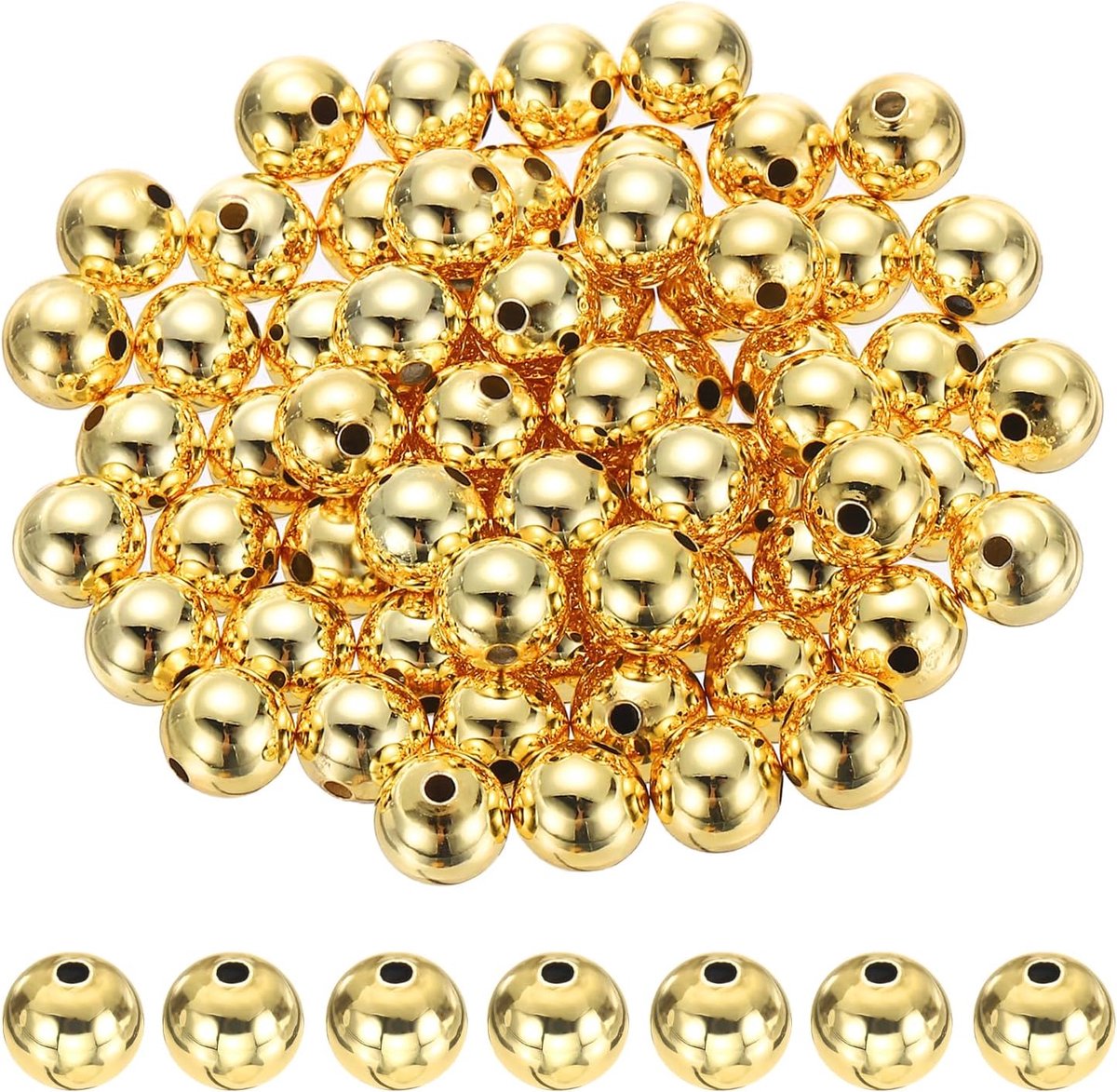 64 stuks 8mm ronde gladde metalen bolvormige ruimterbedels, 18K verguld, voor het maken van armbanden, kettingen, DIY sieraden