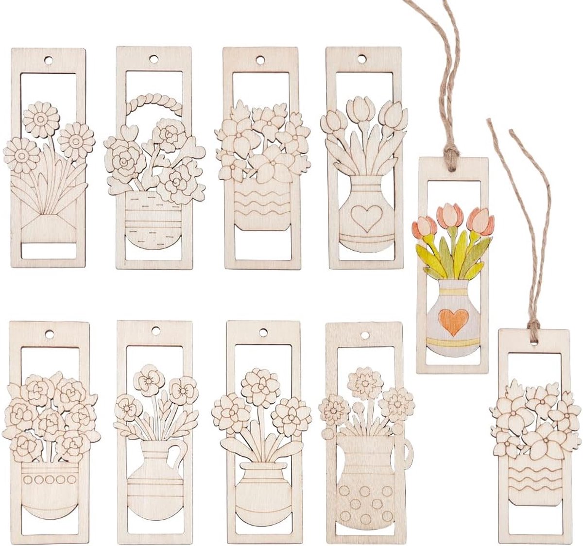 1 doos 128 stuks 8 sets bloemen houten ornamenten onbehandeld hout met jute koord rechthoekige bloemenhangers om op te hangen voor thuis, bruiloft en feestdecoratie, doe-het-zelf bladwijzer
