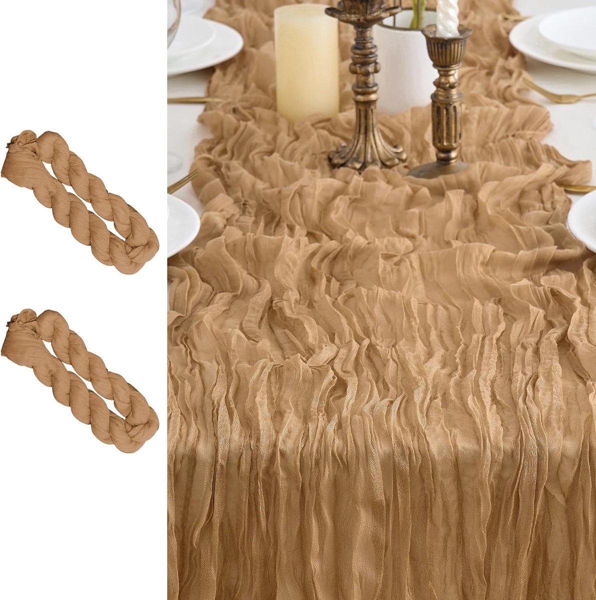 Tafellopers, 2 stuks, kaasdoek, boho-gaas, kaasdoek, rustiek tafelkleed voor bruiloftsdecoratie, tafeldecoratie, 90 x 300 cm (kaki, 90 x 300 cm, 2 stuks)