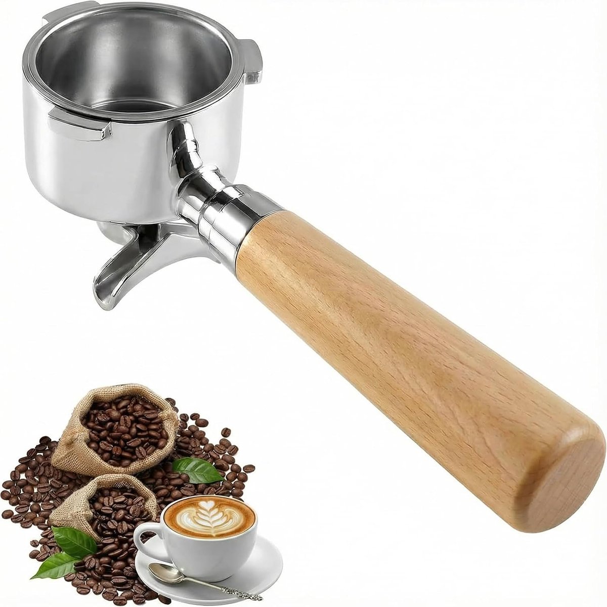 51 mm voor DeLonghi Dedica EC680 EC685 & Smeg roestvrijstalen portafilter met ergonomische premium houten handgreep dubbele uitloop ontwerp met 3 oren espresso portafilter inclusief