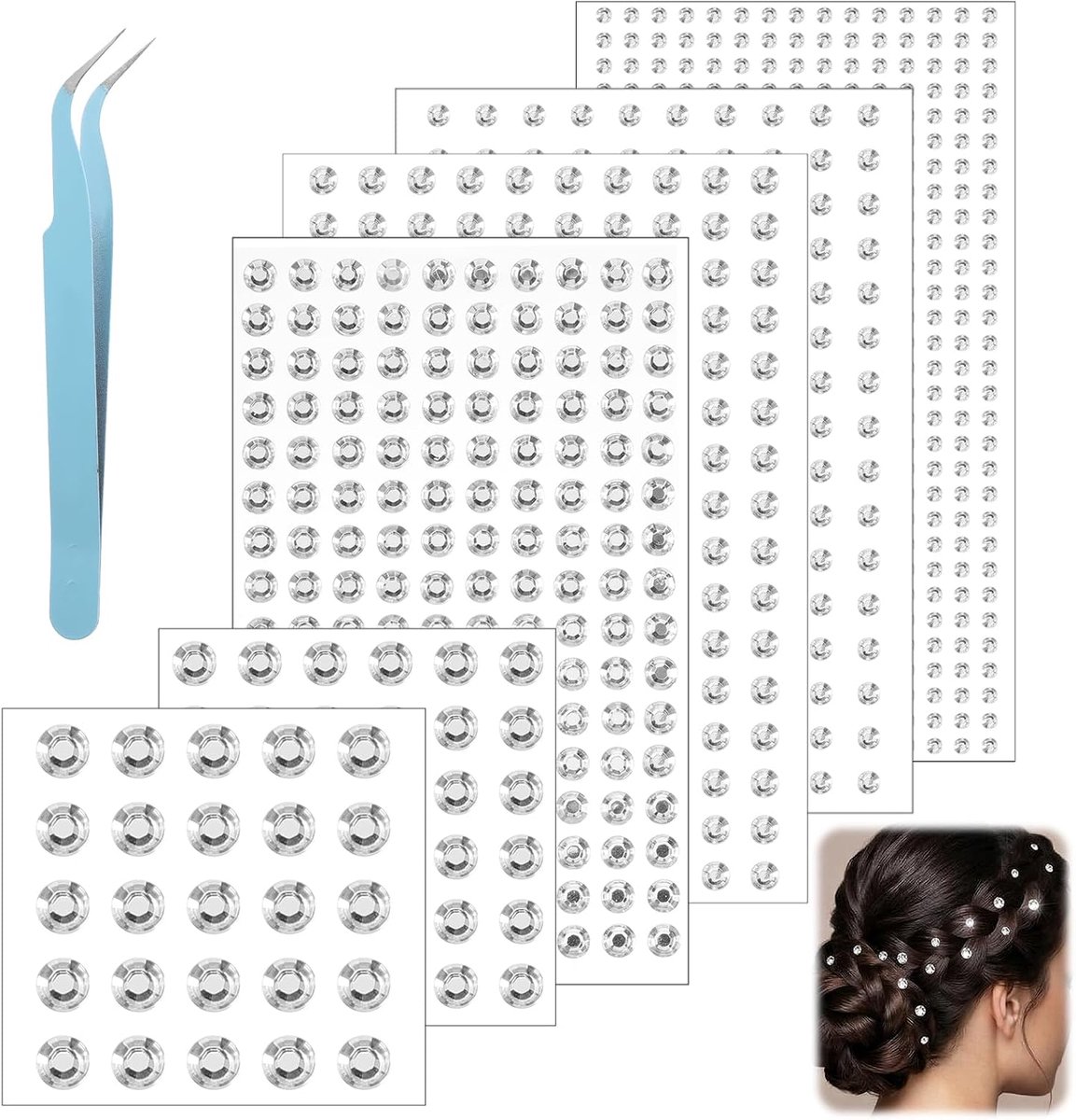 6 vellen glitterstenen, zelfklevend, 6 maten strass-steentjes, zelfklevend, rond, zilveren glitterstenen gezicht met pincet, strass-steentjes voor nagels, decoratie, gezicht, vakantieaccessoires (3/4