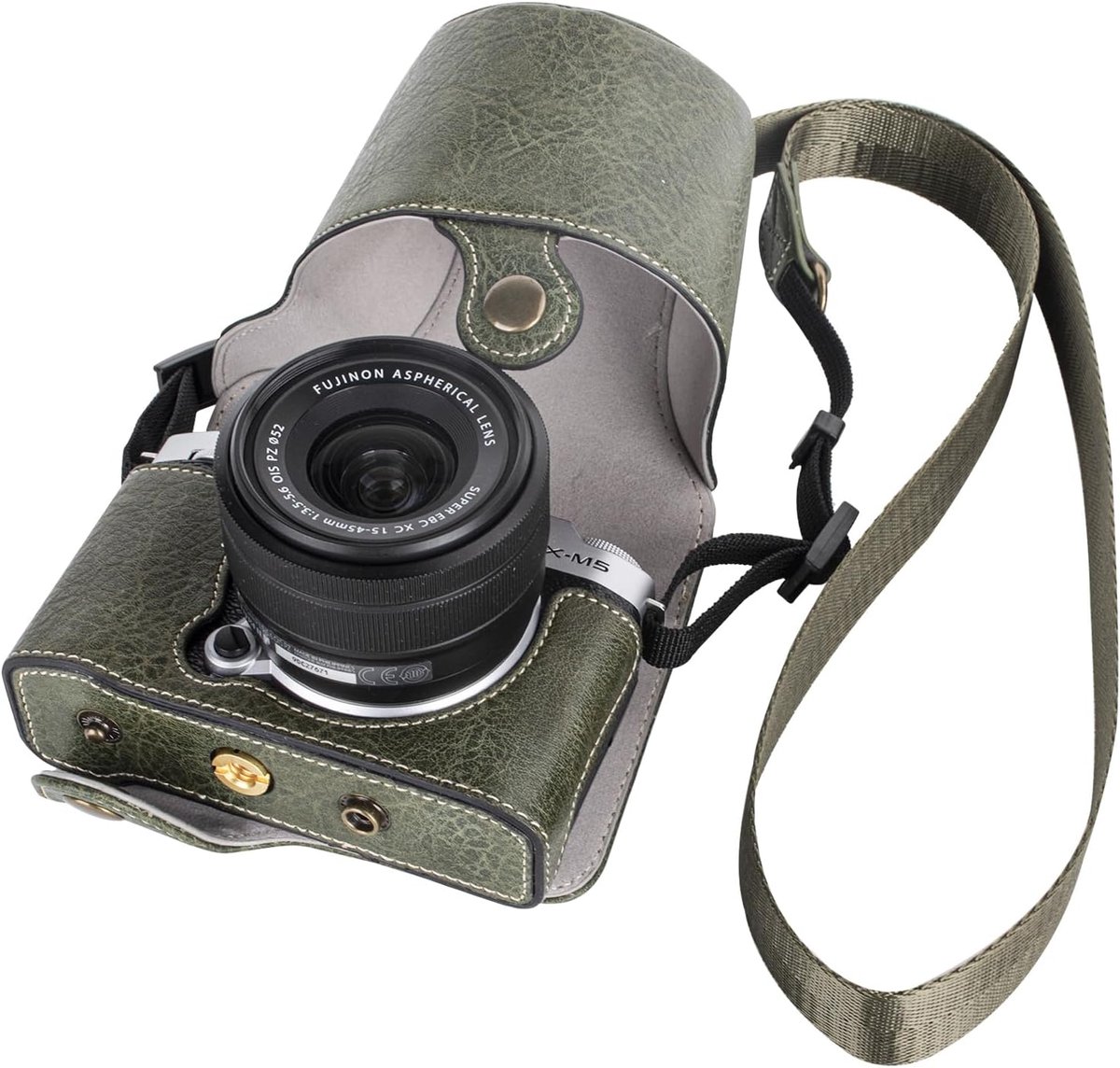 Beschermende Cameratas Voor Fujifilm X-M5 Spiegelloze Camera, Fuji X-M5 Halve Hoes Met Voorkant Met Drukknop En Schouderriem, Groen, Retro Stijl
