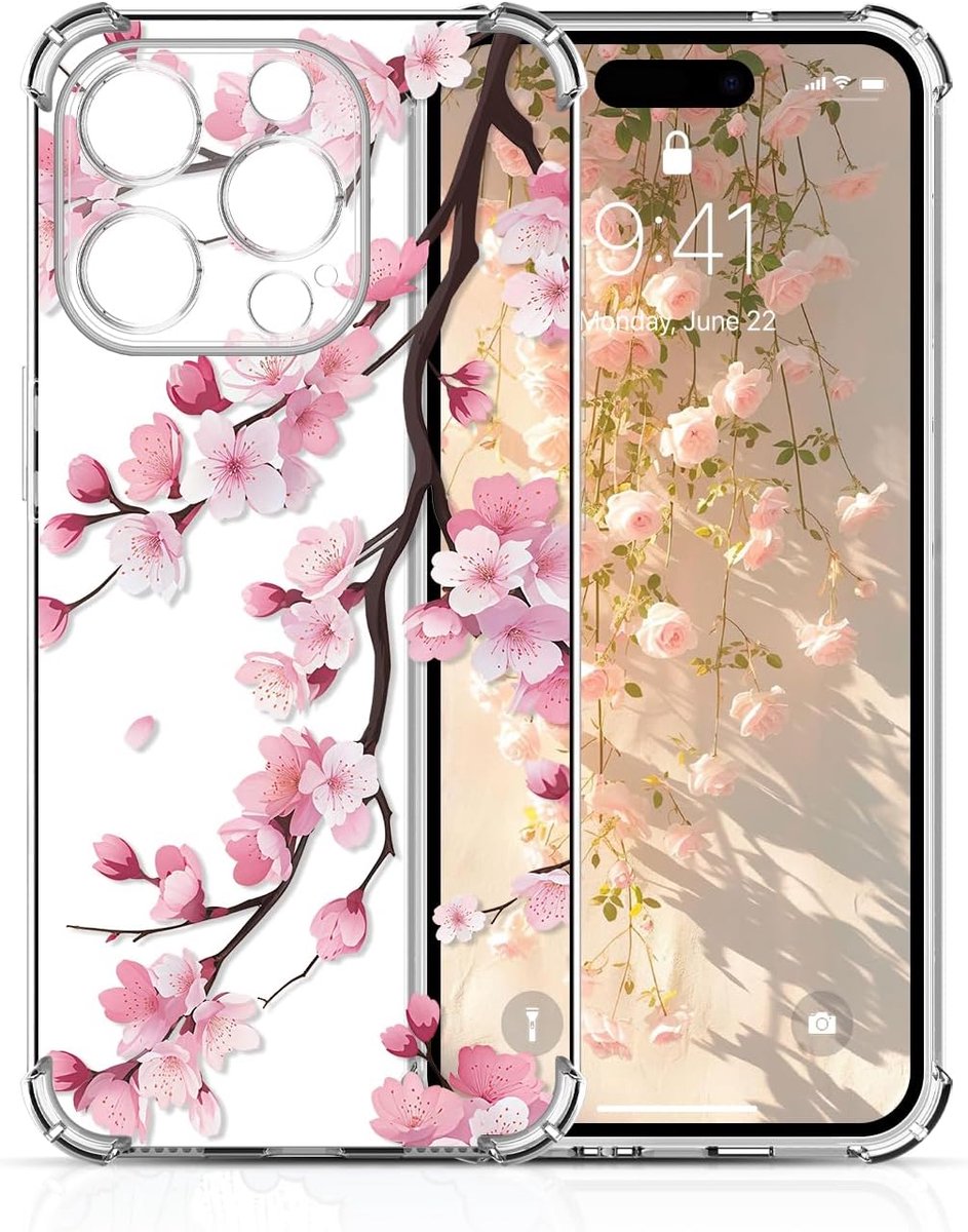 Telefoonhoesje voor iPhone 14 Pro Max, Transparante zachte TPU siliconen beschermhoes met bloemenmotief, compatibel met antischok hoes voor meisjes, vrouwen en jongens, Sakura