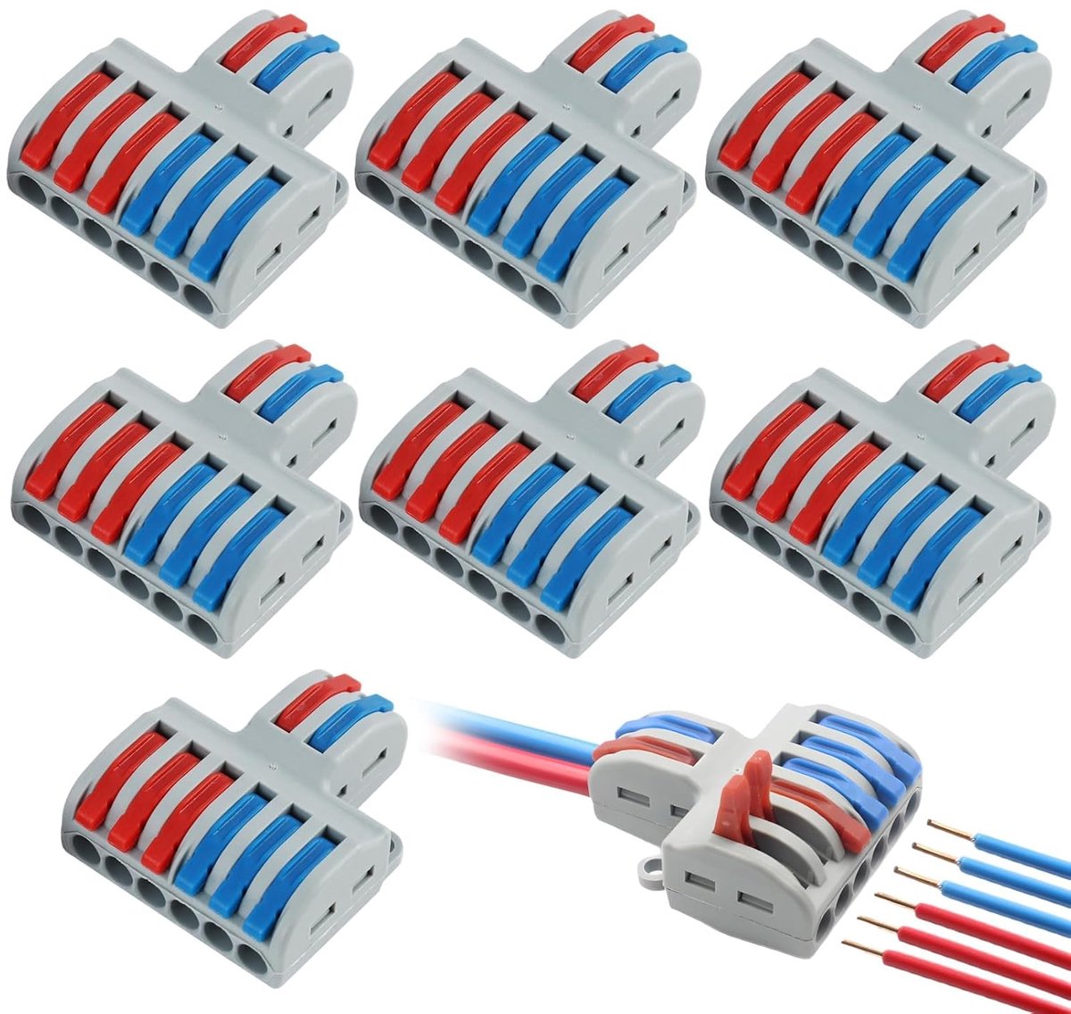 7 stuks compacte klemverbinders, set met hendel, steekklemmen voor veilige en universele bedrading, van duurzaam nylon PA voor vlambescherming, incl. bevestigingsschroeven en testgaten