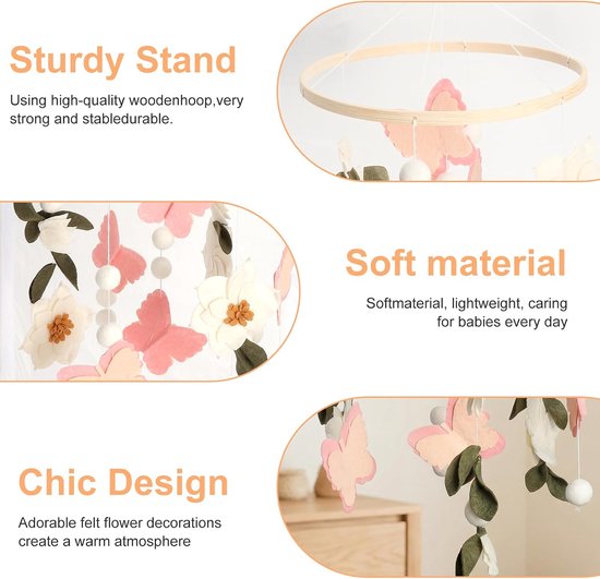 Mobiele vilten hangdecoratie, windgong, mobiele vilten decoratie met vlinder, bloemen en bladeren, mobiele babybed, aankleedtafel voor bed, babymobiel, 22,5 cm, vilten hanger, kamerdecoratie — afbeelding 2