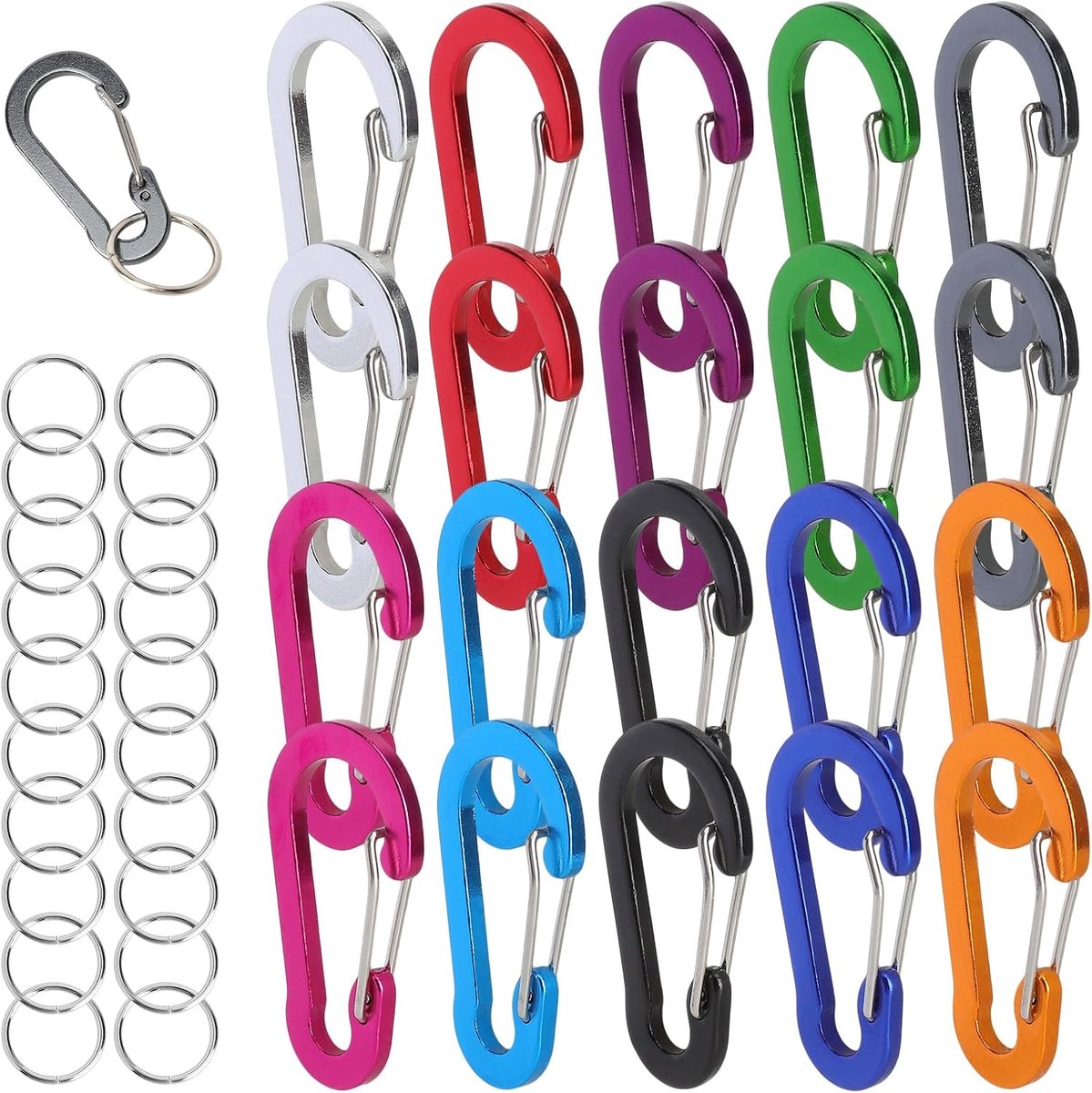 20 stuks karabijnhaken, sleutelhangers, kleurrijke kleine karabijnhaken met ringen, D-vorm, karabijnhaken, aluminium karabijnhaken voor sleutels, rugzak, outdoor, kamperen, wandelen, vissen
