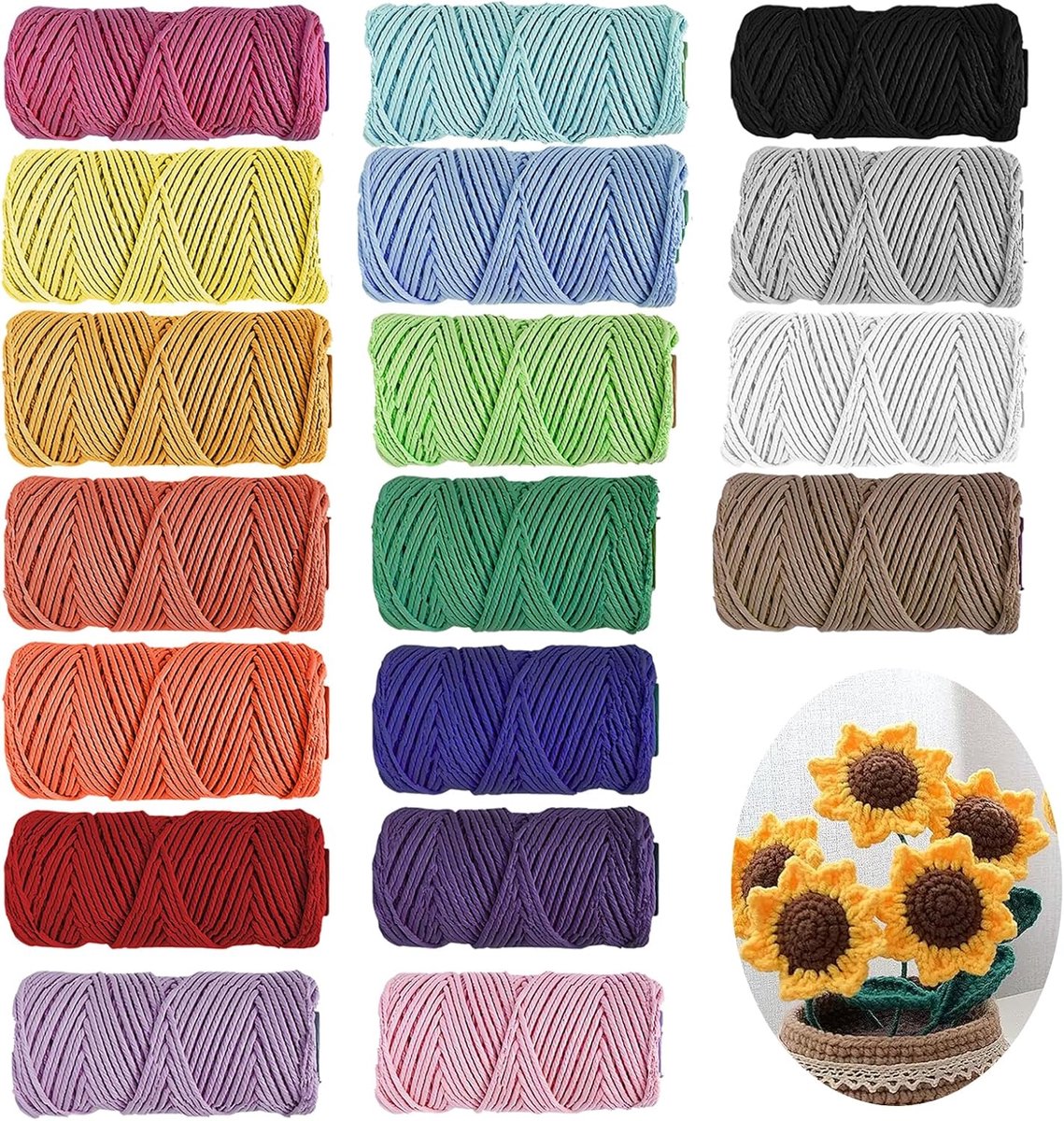 18 stuks macramégaren, 2 mm x 30 m, katoenen garen, katoenen touw, macramégaren, macramégaren, voor doe-het-zelf handwerk, breien, boho-decoratie