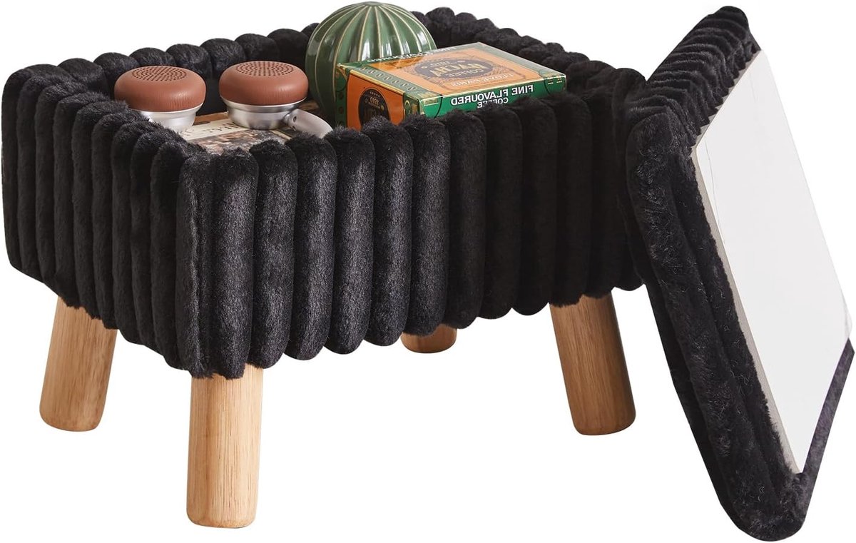 Voetenbank, Fluweelzachte Opbergpoef met Gevoerde Zitting, Schoenenwisselkruk met Houten Poten, Klein Tafeltje voor Woonkamer, Slaapkamer, Hal, 42 x 31 x 30 cm, Zwart YD-JD152B