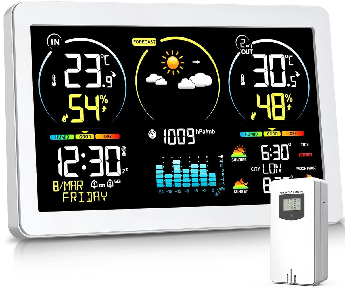 Draadloos Weerstation met Buitensensor en Kleurendisplay | Weersvoorspelling, Binnen-/Buitenthermometer en Hygrometer, Luchtdrukmeting | Snooze Alarm, Dual Power | Wit