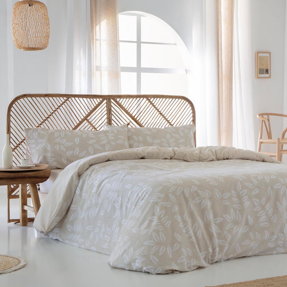 Dekbedovertrek van 100% biologisch katoen, 144 draden, Batan, beige, omkeerbaar, voor bedden met 150 x 190/200 cm, dekbedovertrek 240 x 220 cm, 2 kussenslopen + hoeslaken 150 x 190/200 cm