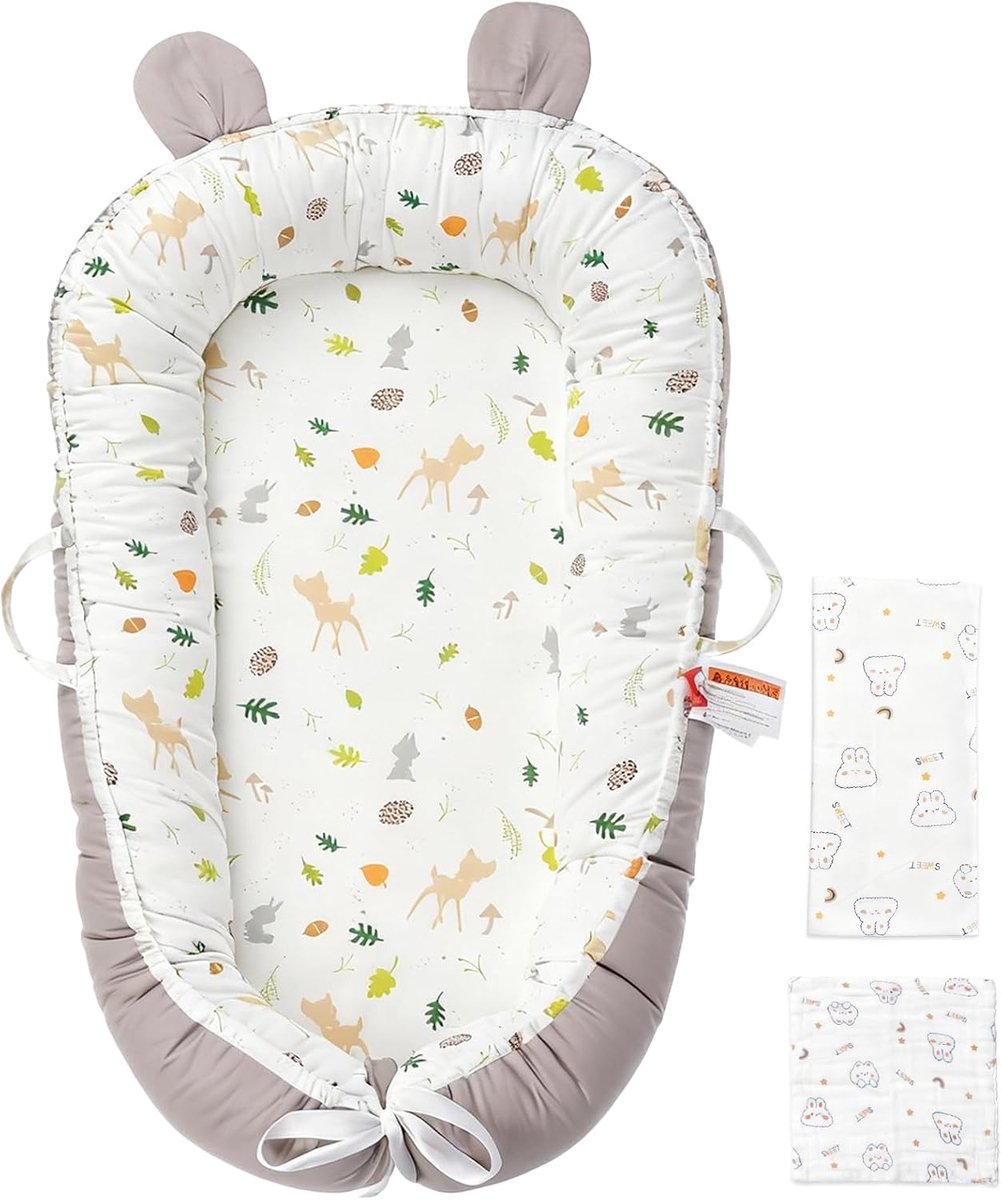 Babynestje voor pasgeborenen, zacht knuffelnest van 100% katoen, dubbelzijdig babynest incl. deken en 5 washandjes, machinewasbaar, draagbaar babybed voor thuis en onderweg