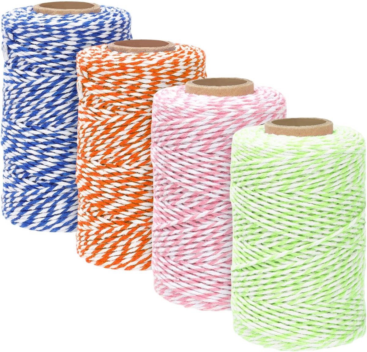 4 Rollen 4 Kleuren 1.5mm × 328 Voeten Katoen Twine String Kit, Groen/Roze/Oranje/Blauw Gemengd Wit Bakker Twine, String touwen, Gift Twines voor Gift Wrapping, Kerst, Handwerk