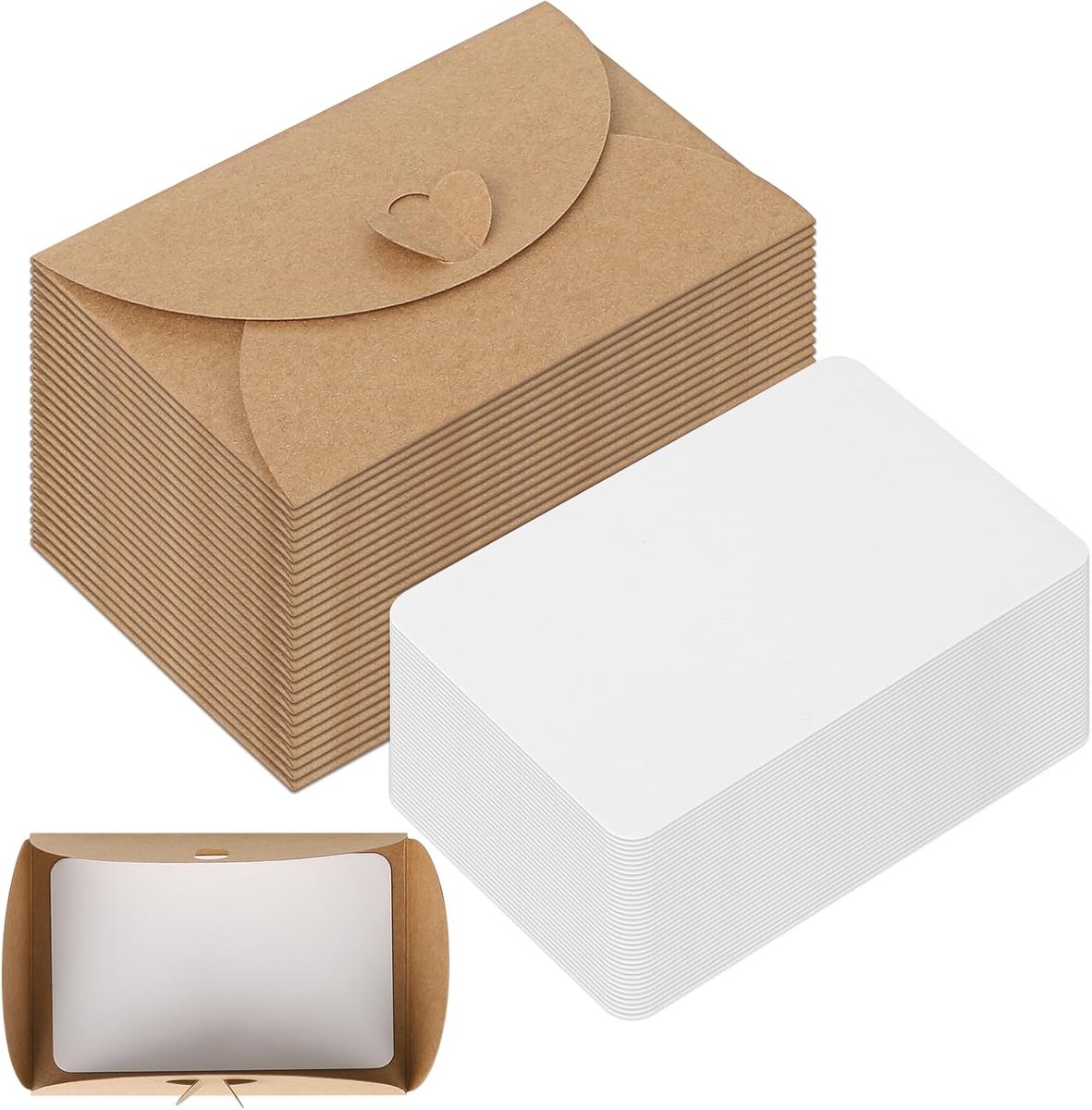 60 Stuks Mini-enveloppen met Kaarten, Kleine Enveloppen met Hartsluiting van Vintage Mini Kraftpapier voor Blanco Doe-het-zelf Bedankkaartjes, Feestuitnodigingen, Cadeaubonnen en Kerstmis