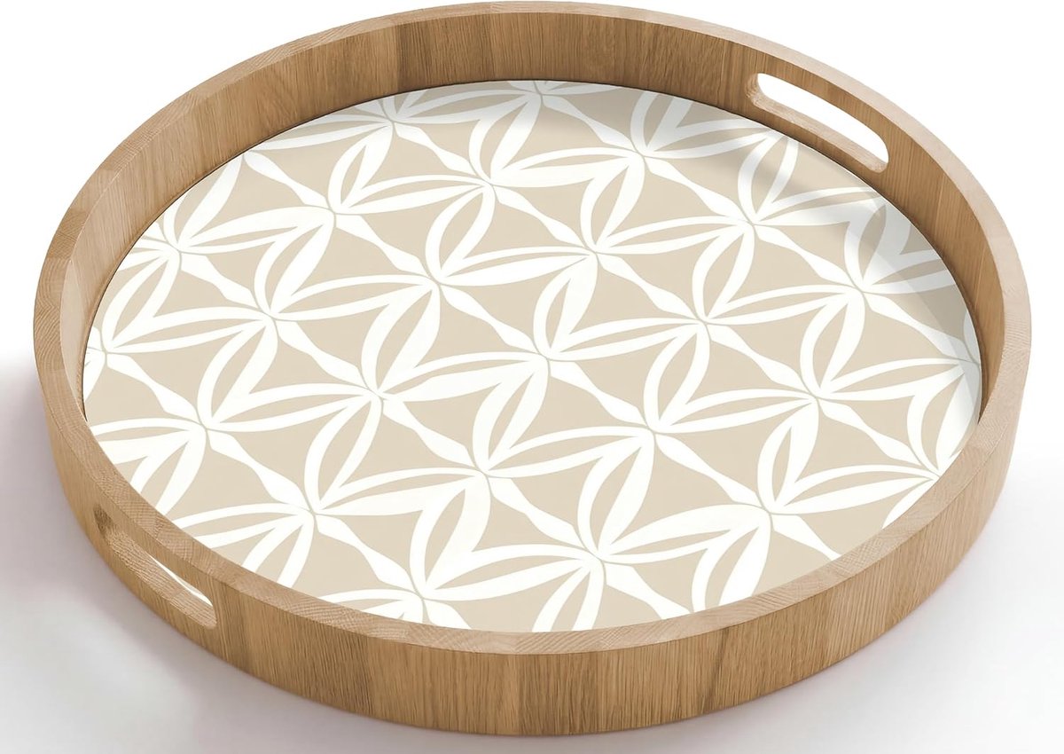 Dienblad Rond 50x50 cm Houten Serveerblad Met Handgrepen Gelakt Eikenhout Krasbestendig Hittebestendig Ontbijt Koffie Thee Eten Motief - Modern - Beige