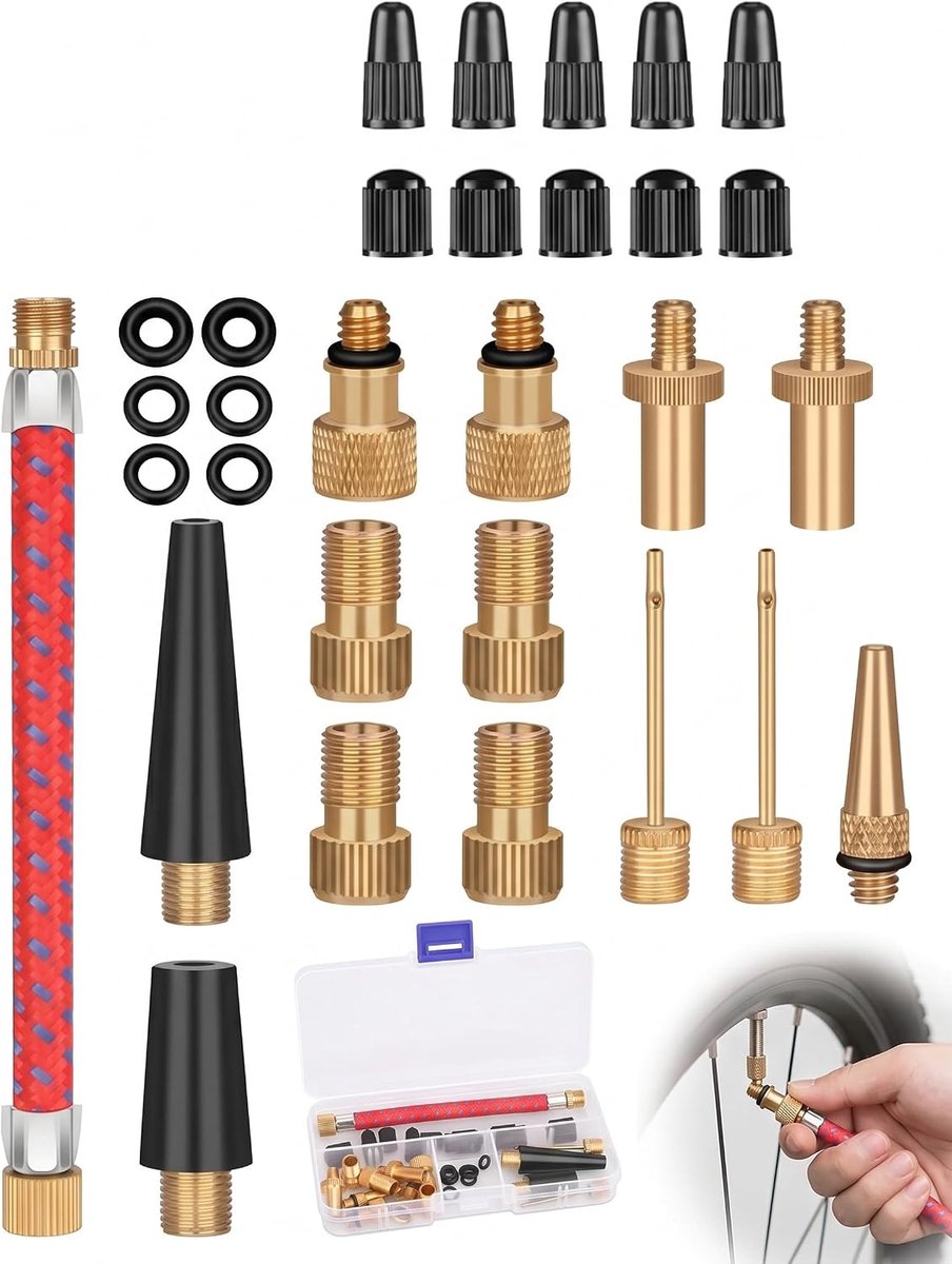 Ventieladapter voor fiets, complete set, waterdichte Schrader- en Presta-aansluitingen, geschikt voor compressoren en handpompen voor veilig oppompen op uitstapjes en voor dagelijks onderhoud