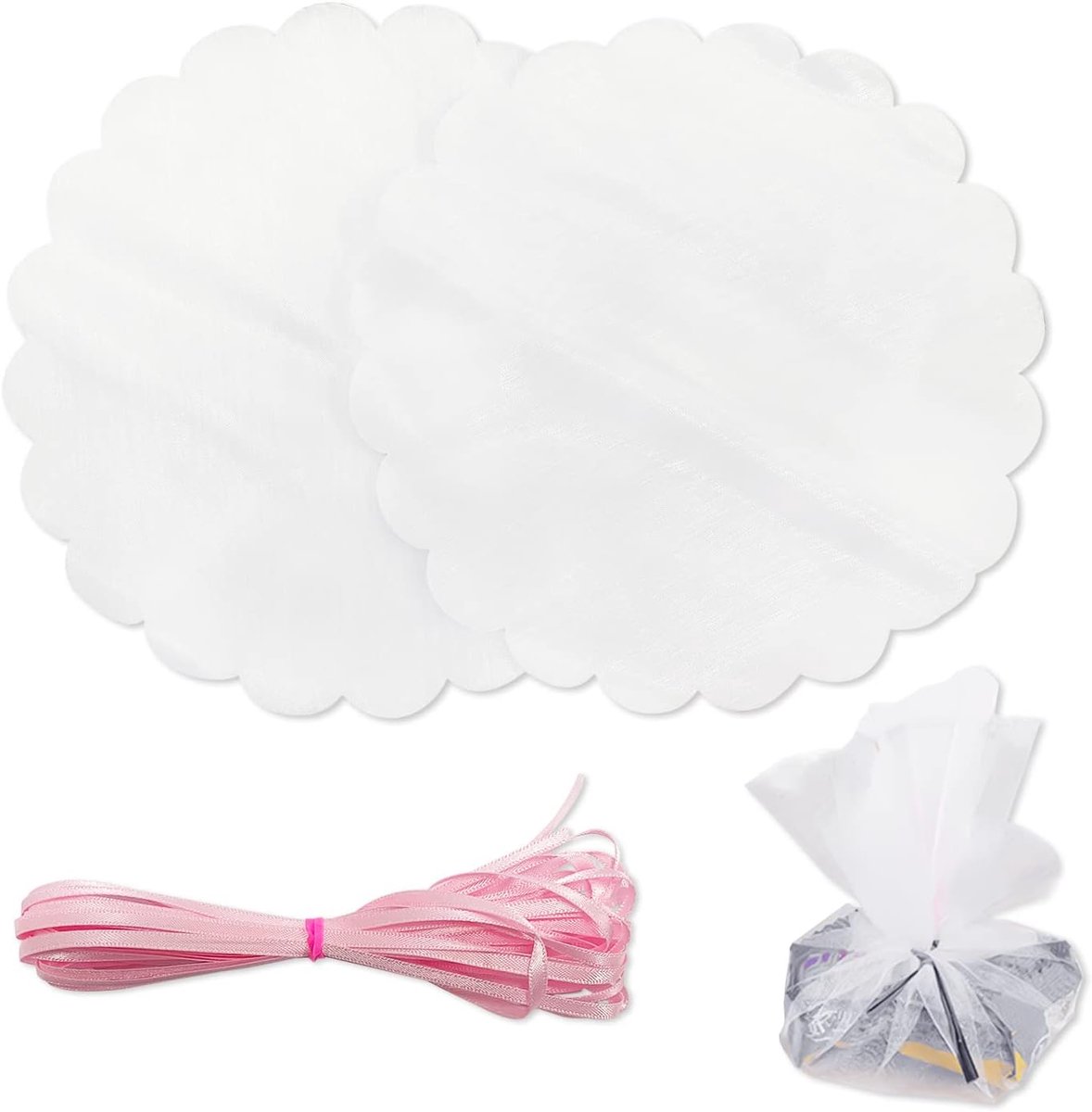 100 stuks wit 23 cm rond organza en 1 bundel lichtroze satijnen lint van 5 m voor geschenkverpakking, bruiloft, feestdag, galadecoratie, verjaardagsfeestje