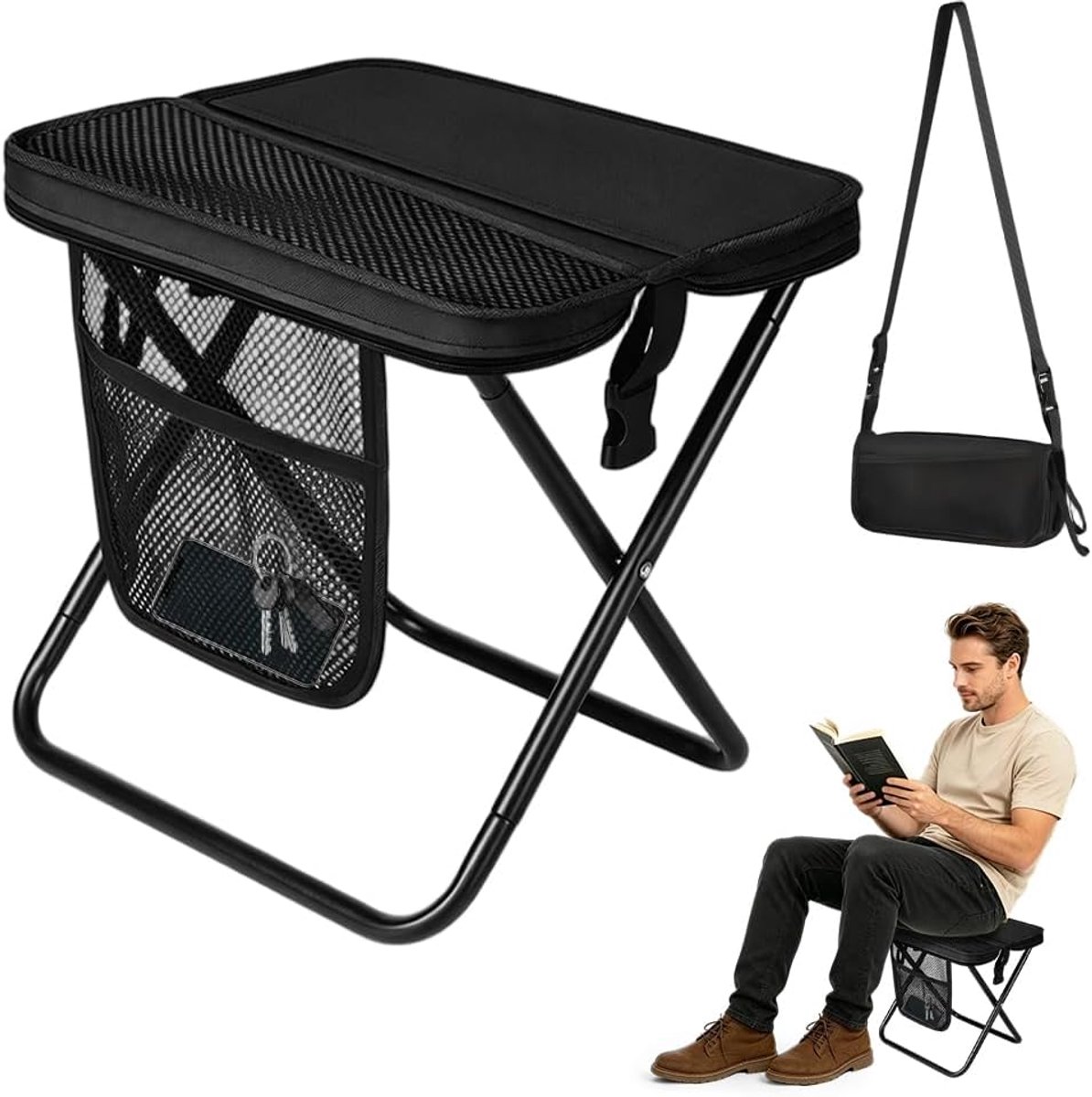 opvouwbaar, draagbare klapkruk, klein, mini outdoor camping klapstoelen, campingkruk, draagbare stoel, opvouwbaar voor reizen, wandelen, kamperen, vissen, grillen, picknick, zwart