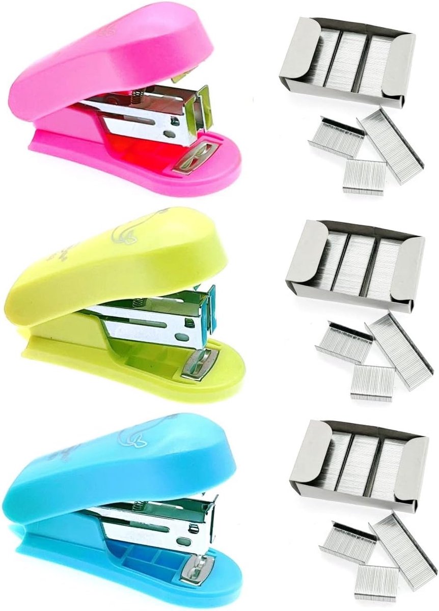 3 x kleine nietmachine en nietjesset, mini-nietmachine met 400 stuks nietjes nr. 24/6, zaknietmachine, mini-nietmachine voor etui, kantoornietmachine, schoolbenodigdheden, groen blauw roze