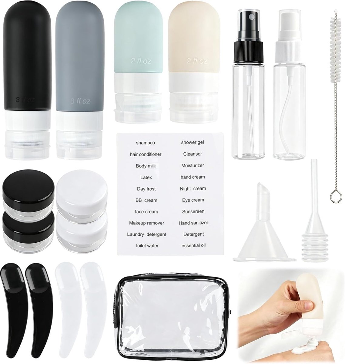 17 stuks, 60 ml en 90 ml, herbruikbare flessen, toiletset voor shampoo, douchegel, lotion, lege container, lekvrije pomp, voor vliegtuig